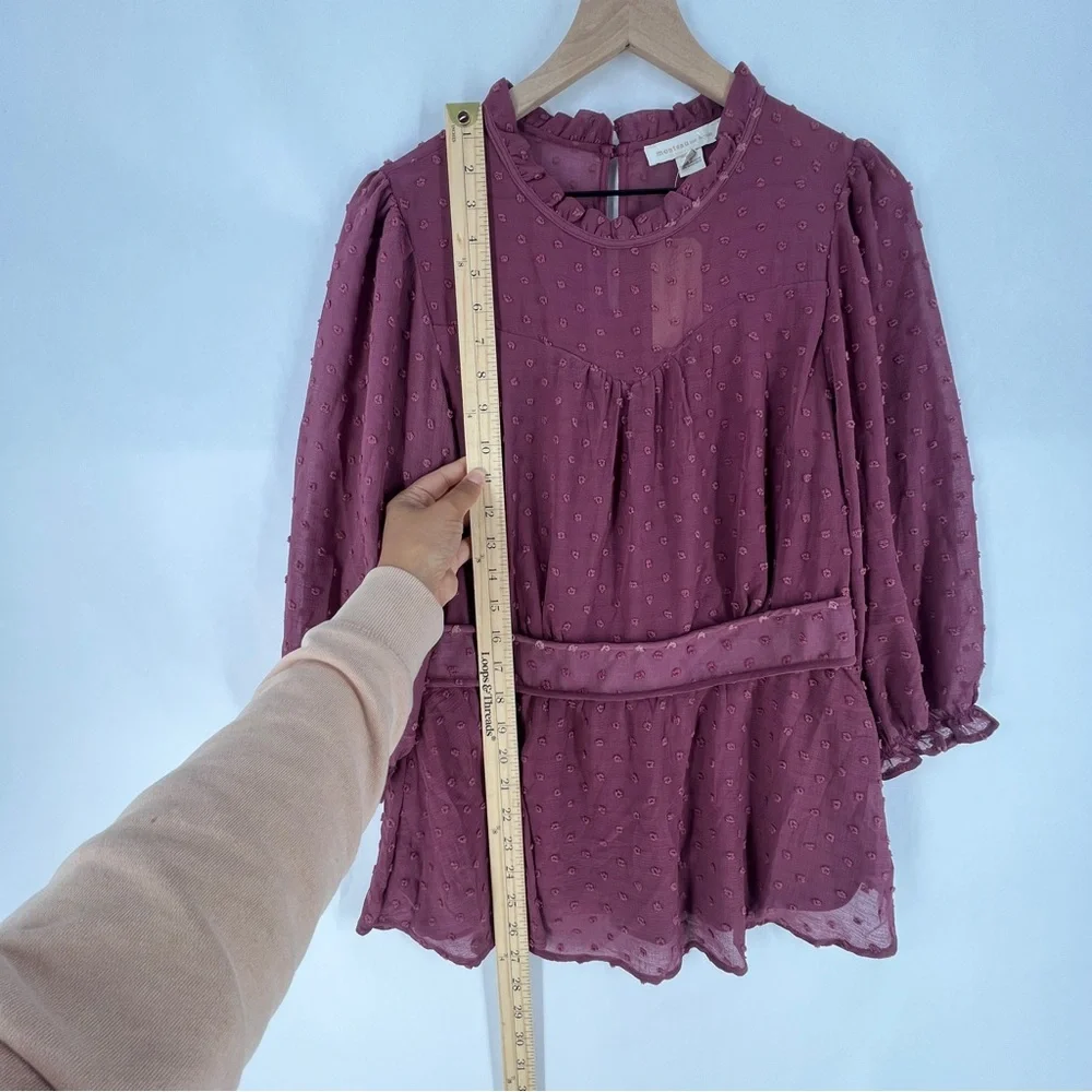 Monteau‎ Purple Sheer Swiss Dot Ruffle Neck 3/4 Sleeve Peplum Blouse NWT XL